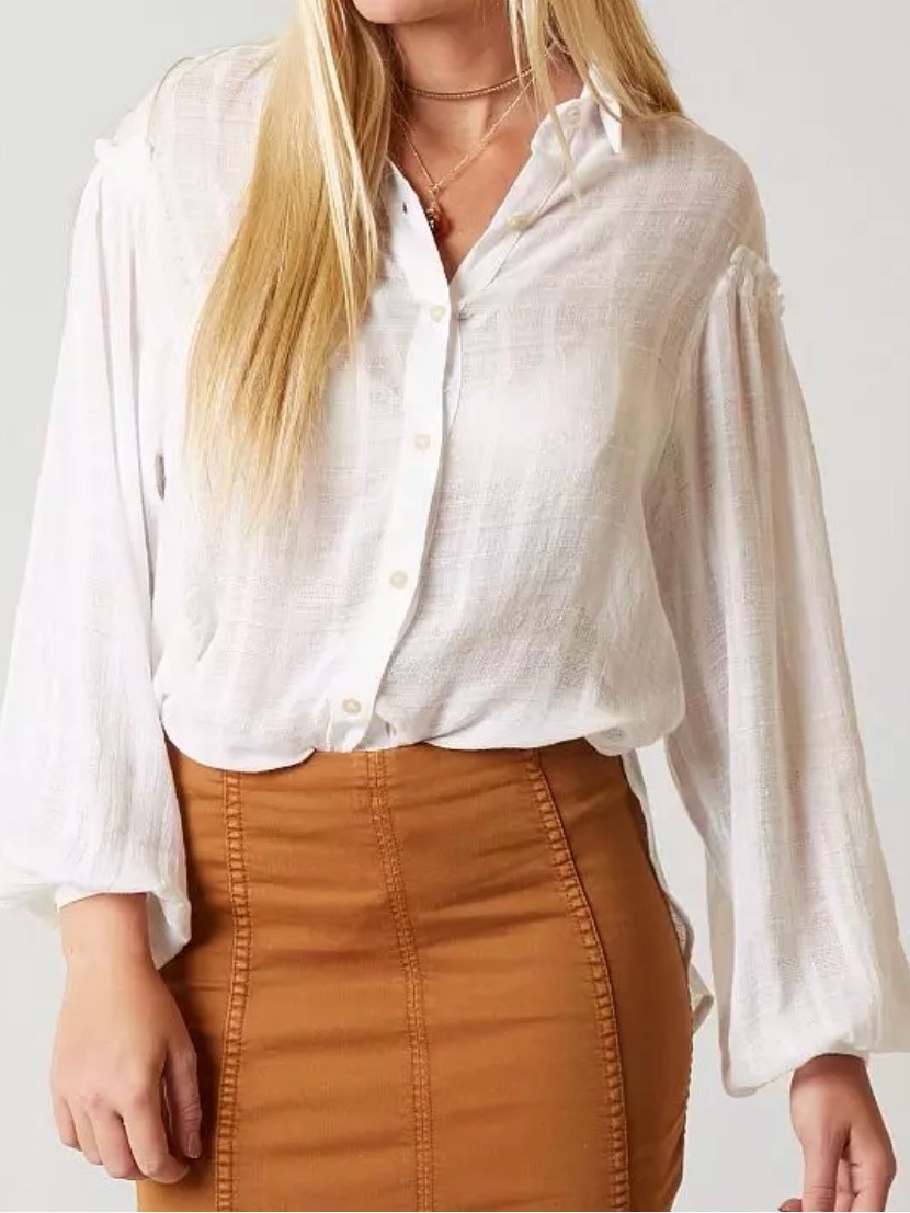 Free People Headed To The Highlands Lightweight Long Sleeve Button Up White